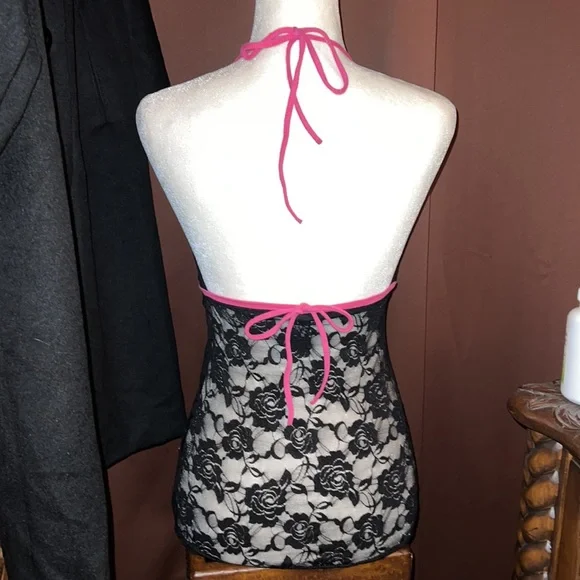 Supporting Radical Habits Black 🖤 Pink 💗 Camisole Halter Top Lace Back Med - Picture 4 of 9